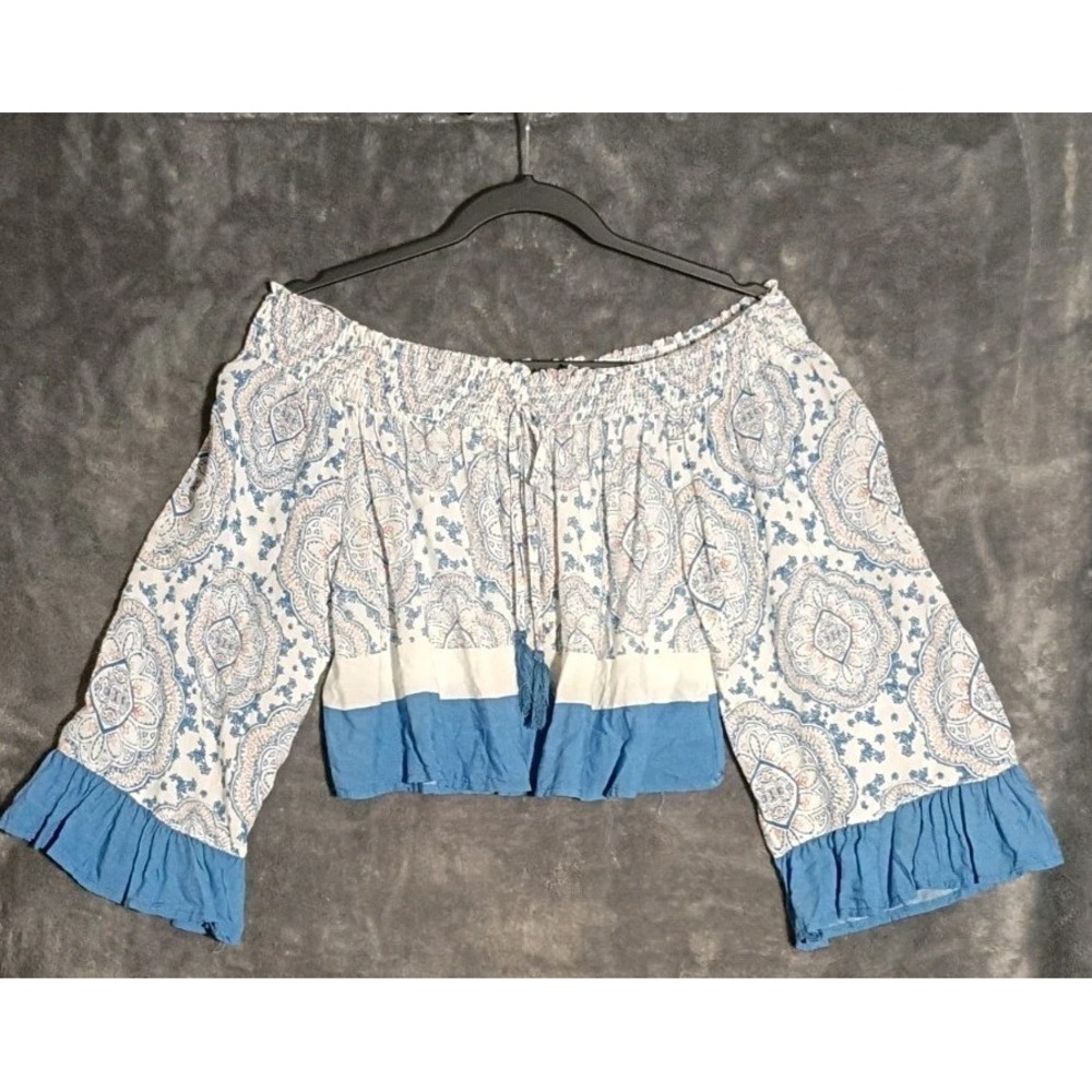 Nwt Surf Gypsy Size Small  Boho Off-Shoulder Blouse‎ Bell Sleeves And Tassels
